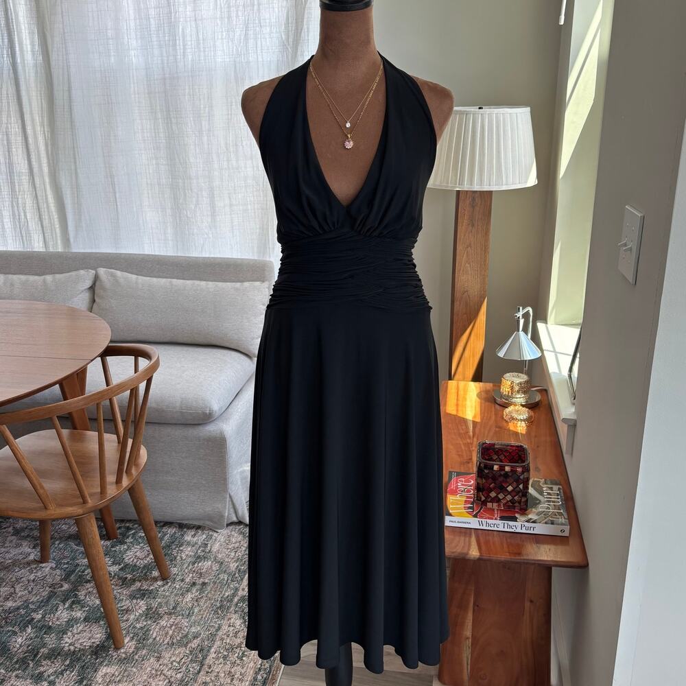 2000s Jones New York Black Halter Dress Midi Ruched Waist Flowy Summer Size 8